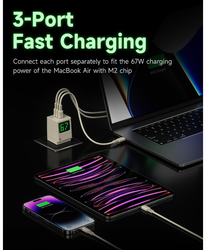 67W GaN 3-Port USB-C Charger