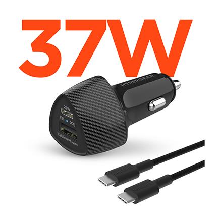 HyperGear SpeedBoost 25W USB-C + 12W USB Fast Car Charger With PPS & 4 FT USB-C Cable - Black