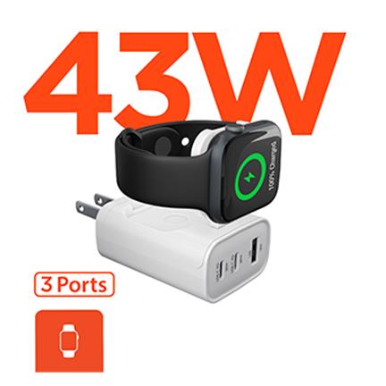 HyperGear SpeedBoost 43W Three-Port USB-C PD Fast Wall Charger W/ Built-In AppleWatch Charger, White