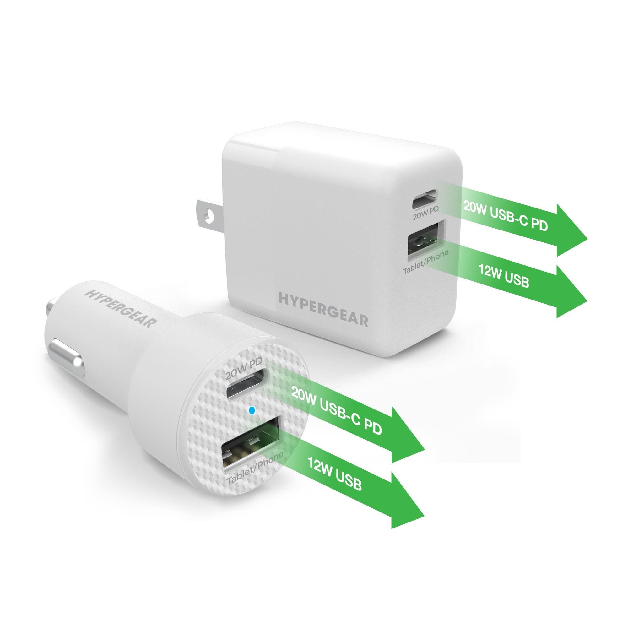 Hypergear Wall/Car Charger Bundle 20W USB-C PD + 12W White