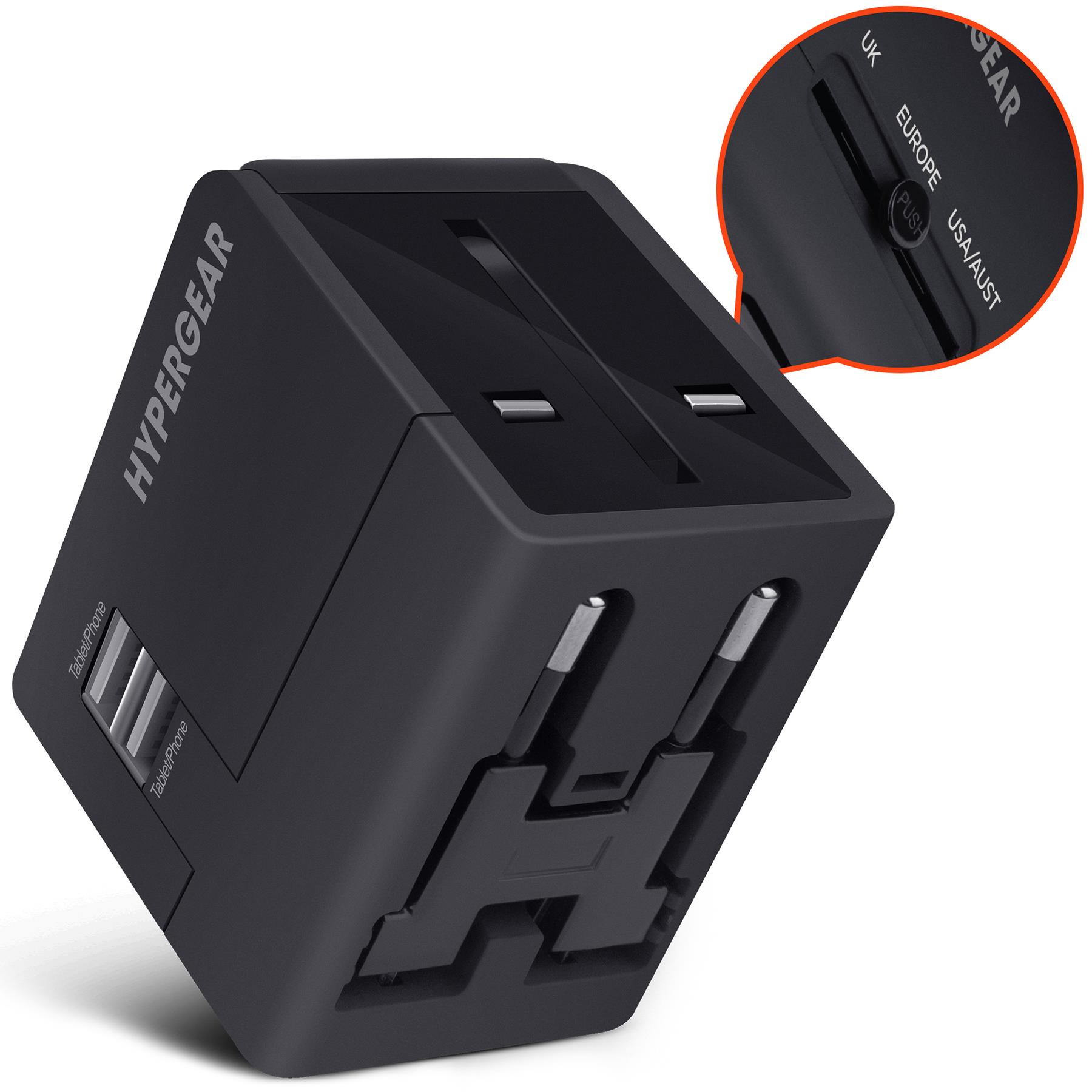 HyperGear All-in-One World Travel Adapter Black + USB Ports