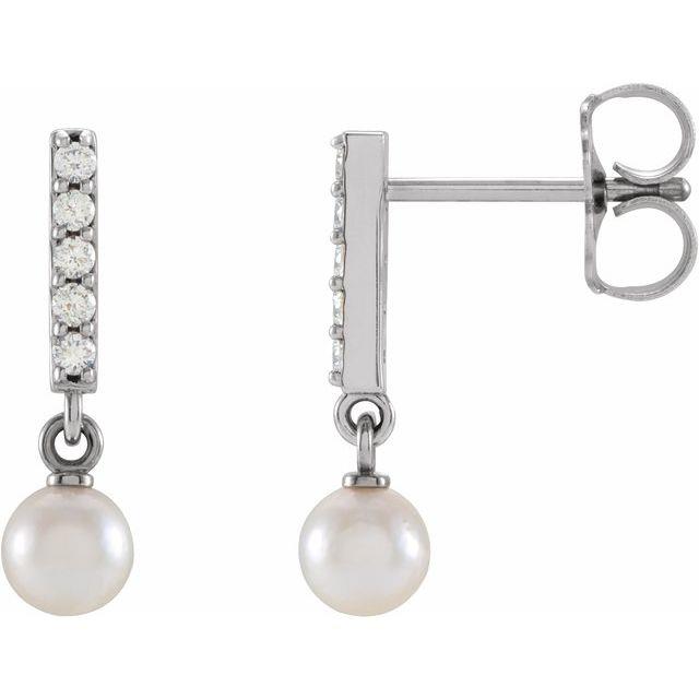 14K W Pearl & .03 CTW Dia  Bar Earrings