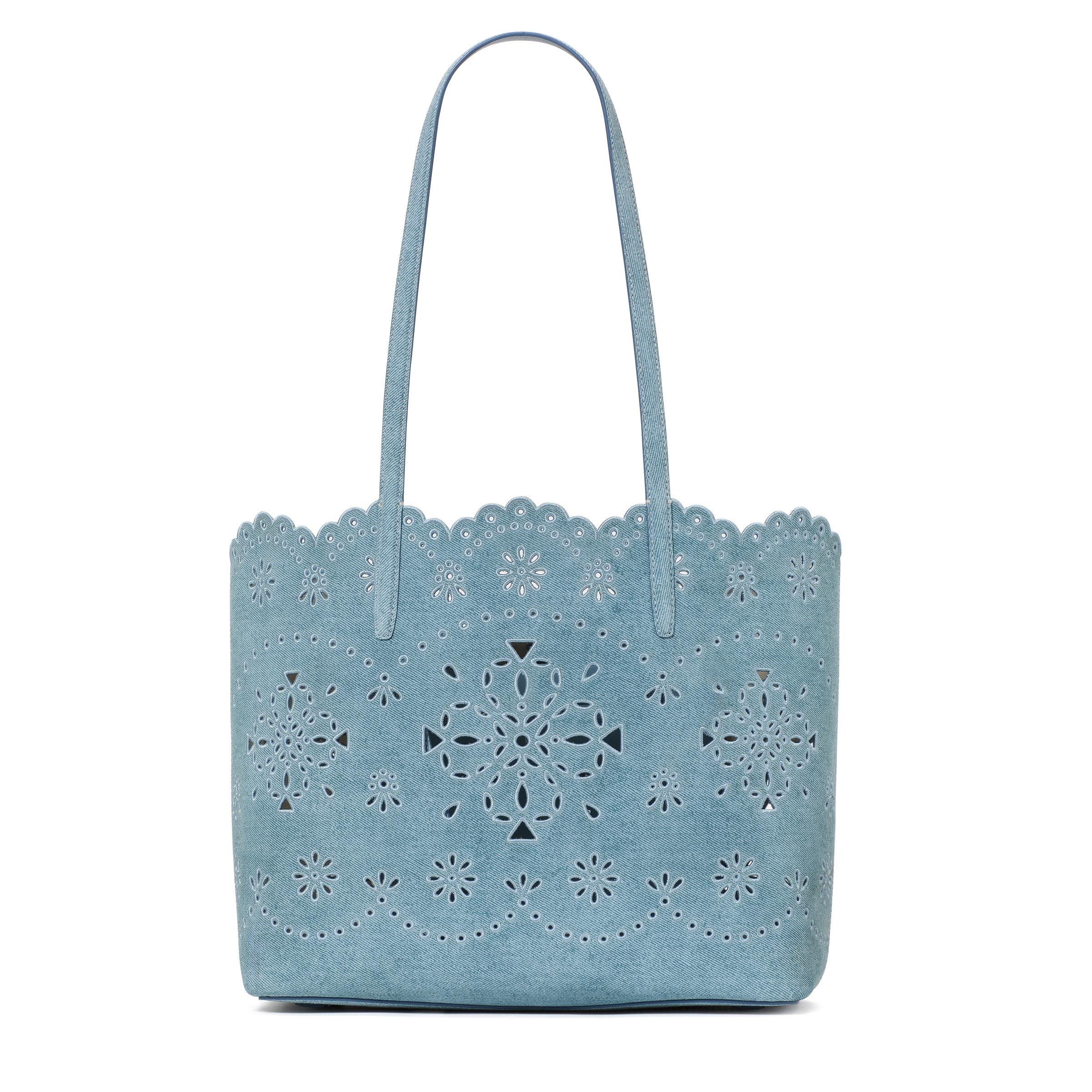 Do It All Spade Flower Perforated Denim Suede Large Tote - Blue Multi