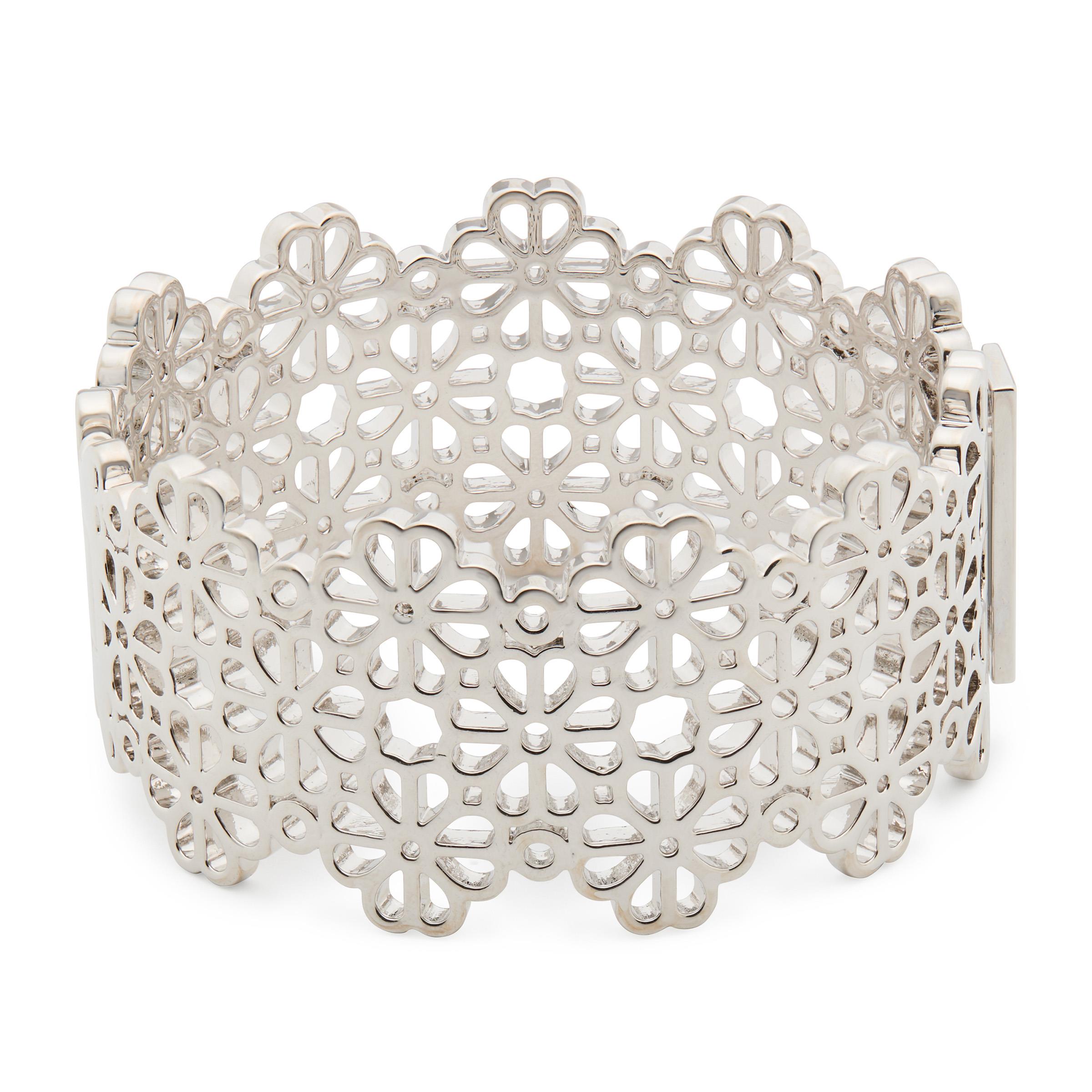 Spade Flower Lace Wide Bangle - Silver