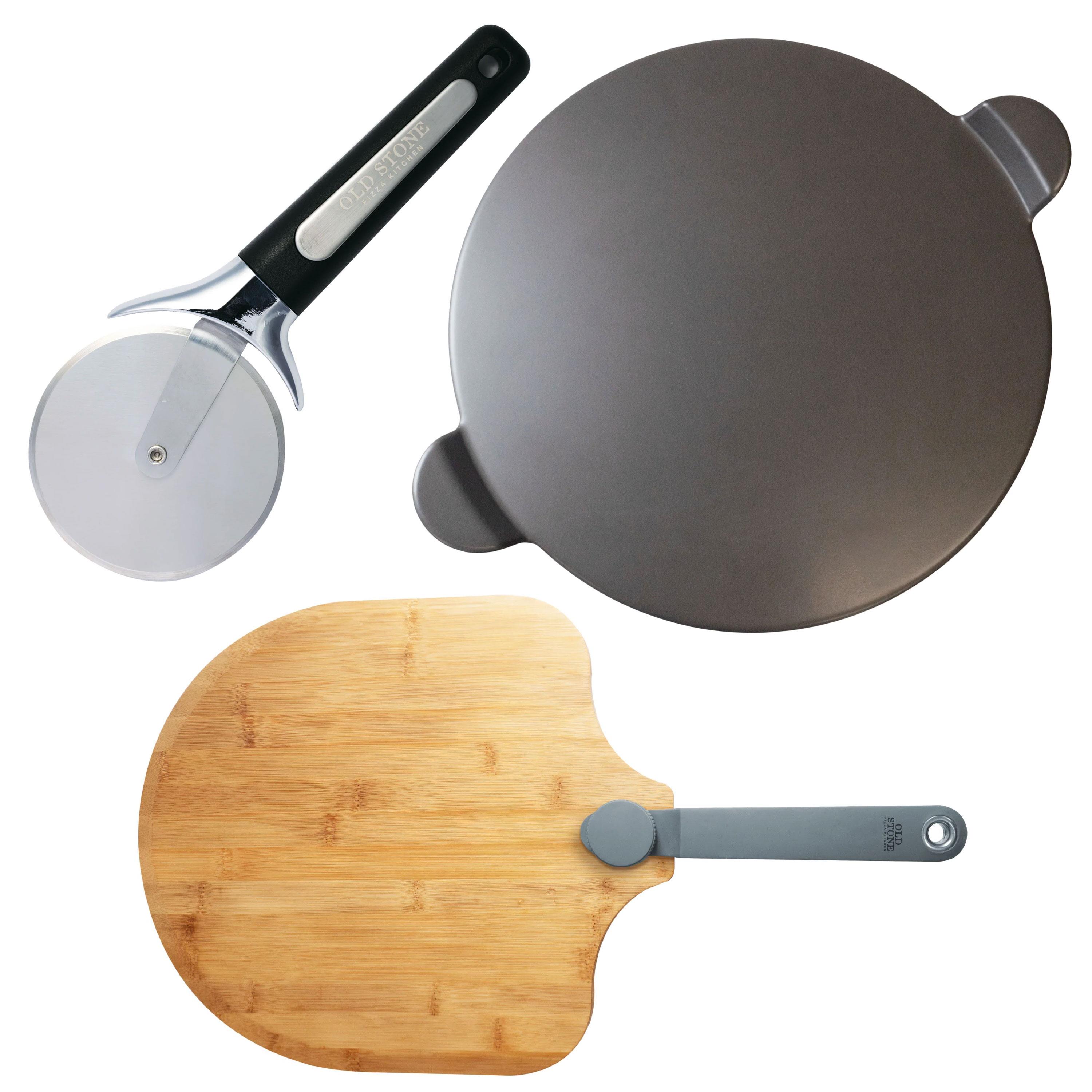 Old Stone Pizza Kitchen - Glazed Pizza Stone, Bamboo Peel, & Pizza Cutter Set