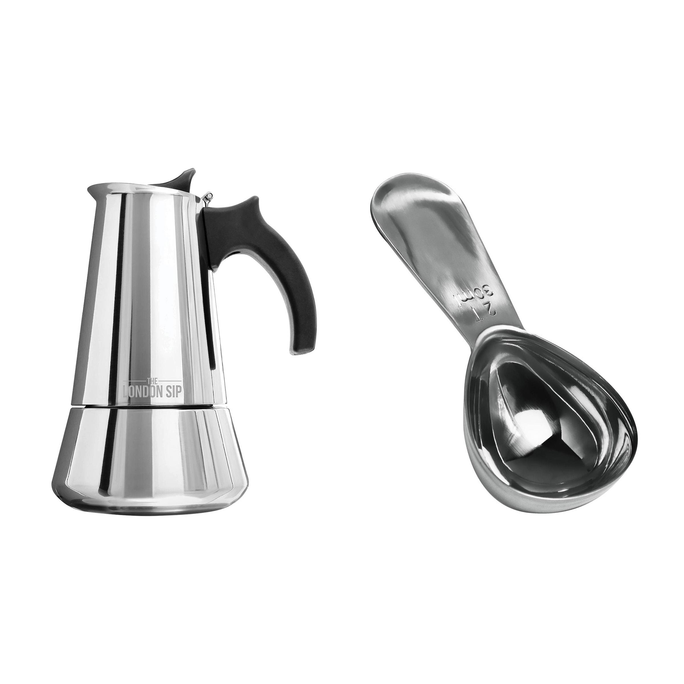 London Sip - 10-Cup Espresso Maker W/Coffee Spoon Bundle, Silver