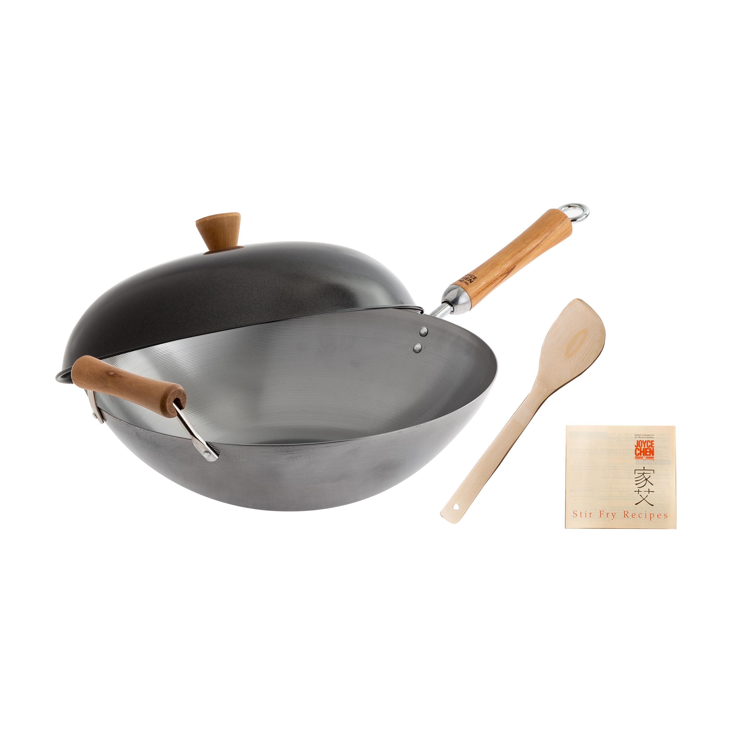 Joyce Chen - Classic Series 14-Inch Uncoated Carbon Steel Flat Bottom Wok Set W/Lid & Birch Handles