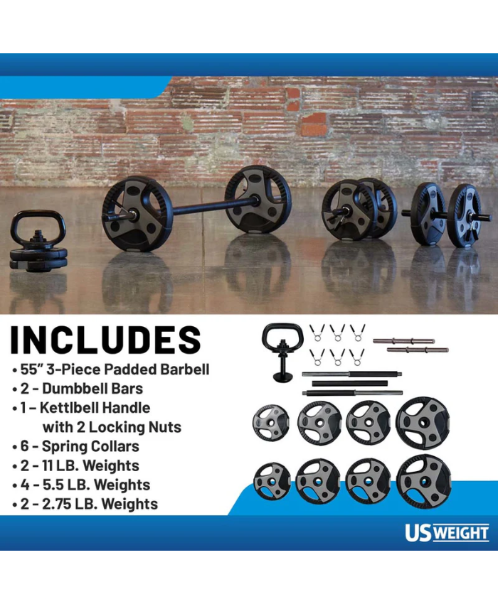 US Weight 54 Pound Adjustable Weight Set with Barbell, Dumbbells, and Kettlebell Handle – Versatile Exercise Equipment for Home Gym Workouts