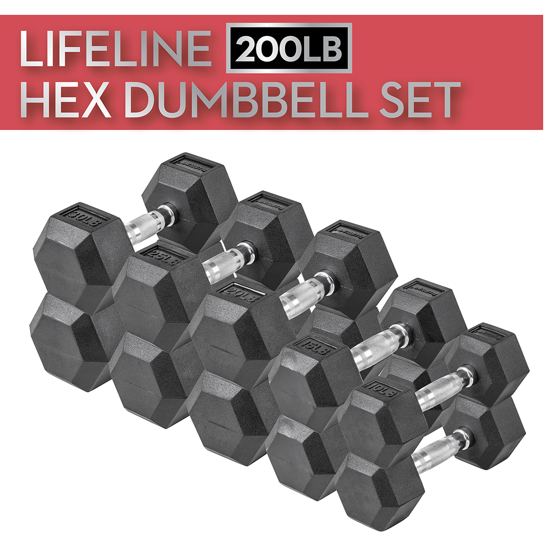 Lifeline - Hex Rubber Dumbbell Set - 200 LBS