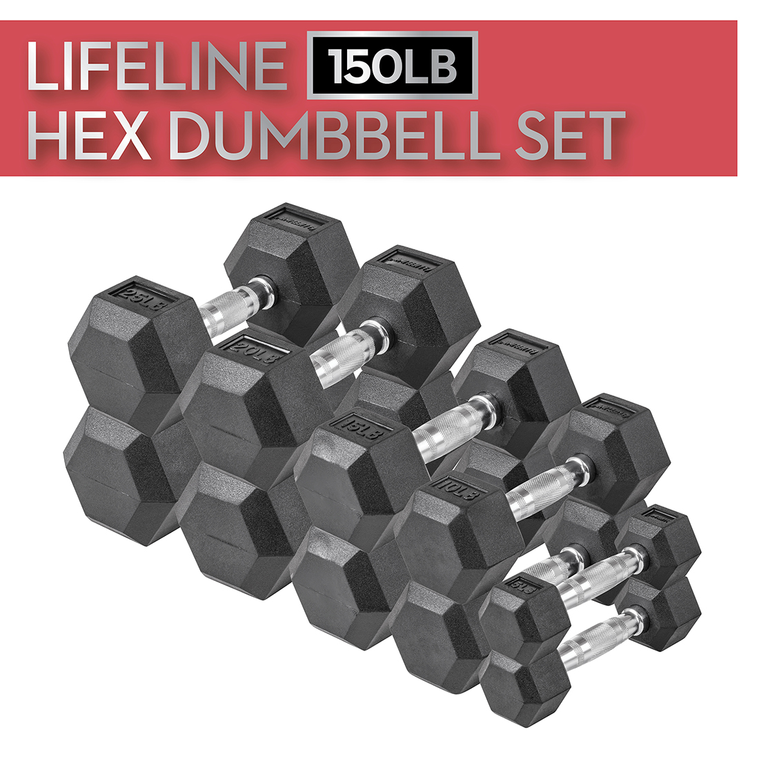 Lifeline - Hex Rubber Dumbbell Set - 150 LBS
