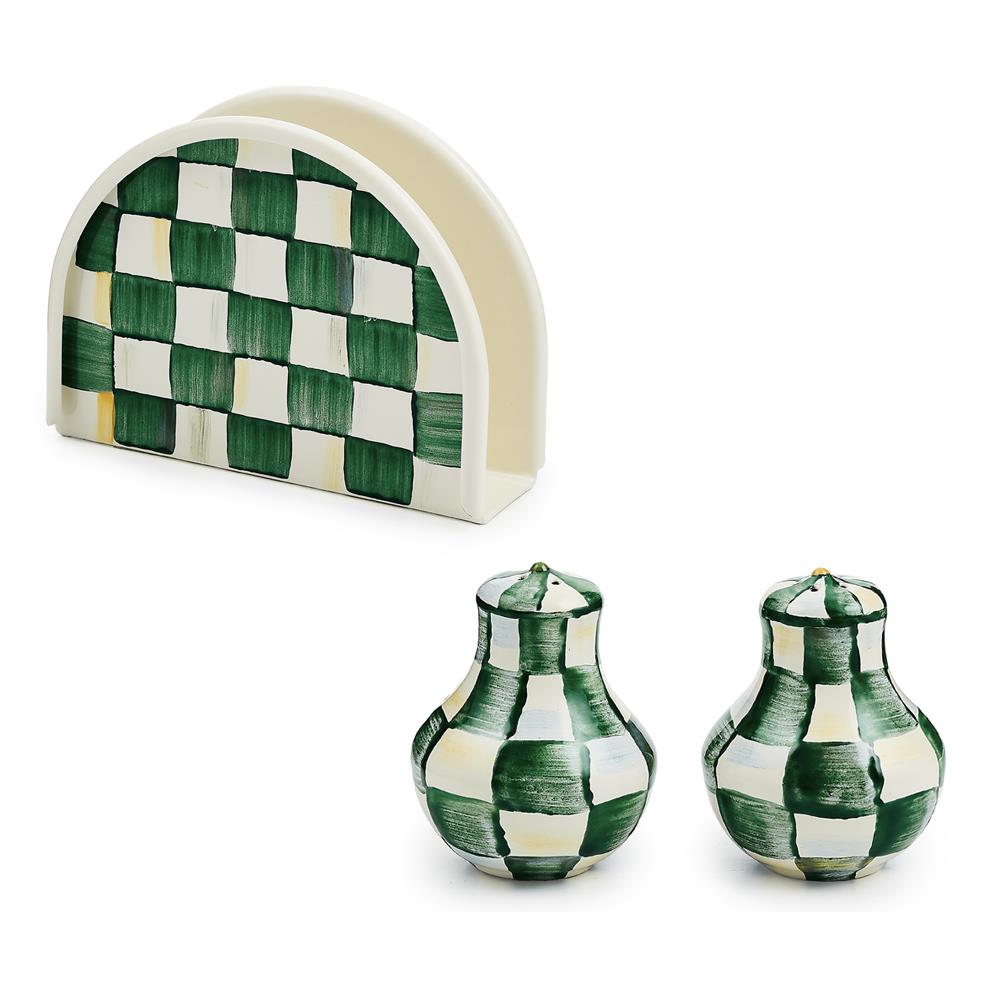 Emerald Check Napkin Holder & Shaker Set