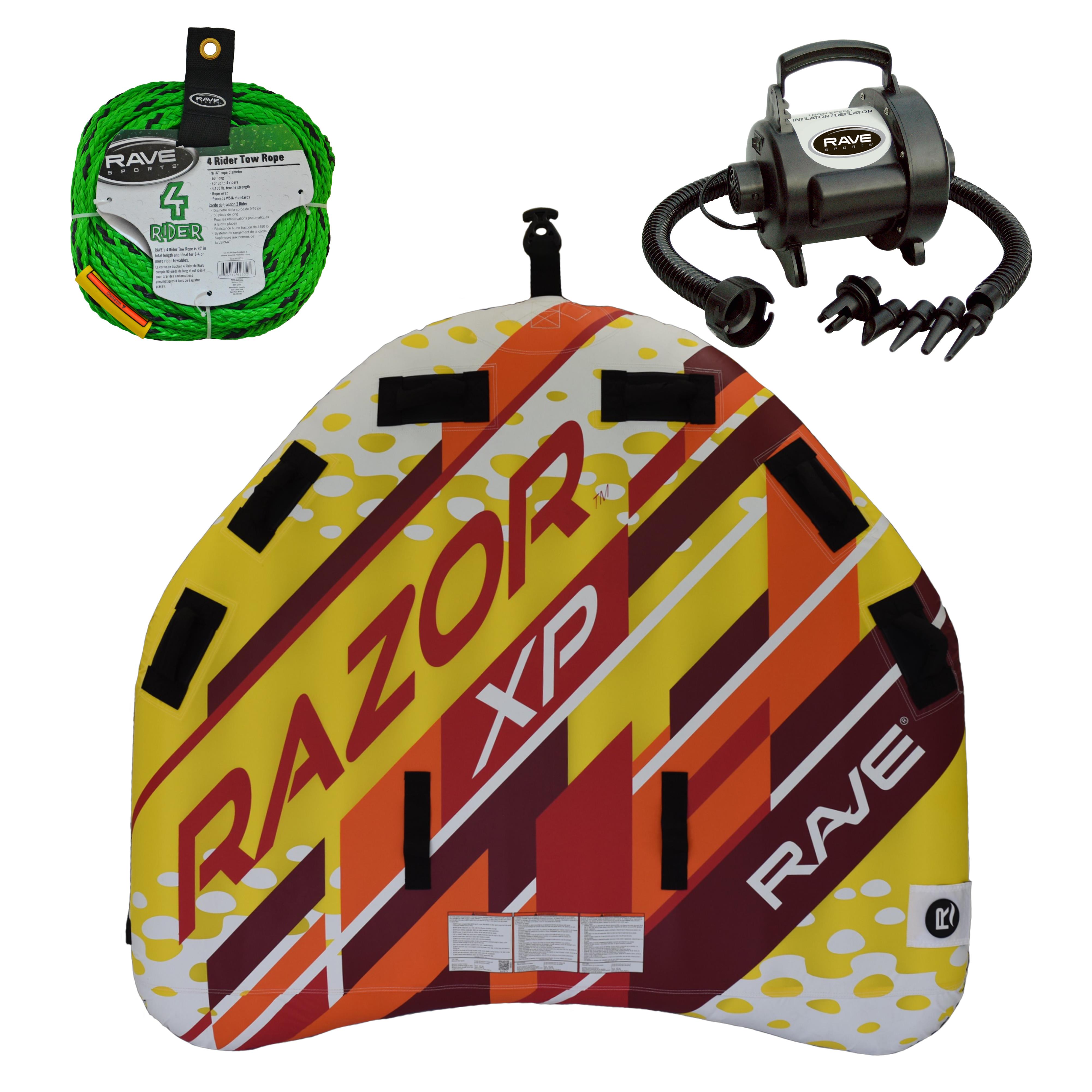 RAVE Sports - Razor XP Towable, 1-Section 4-Rider Tow Rope, & HS Inflator/Deflator - Red/Yellow