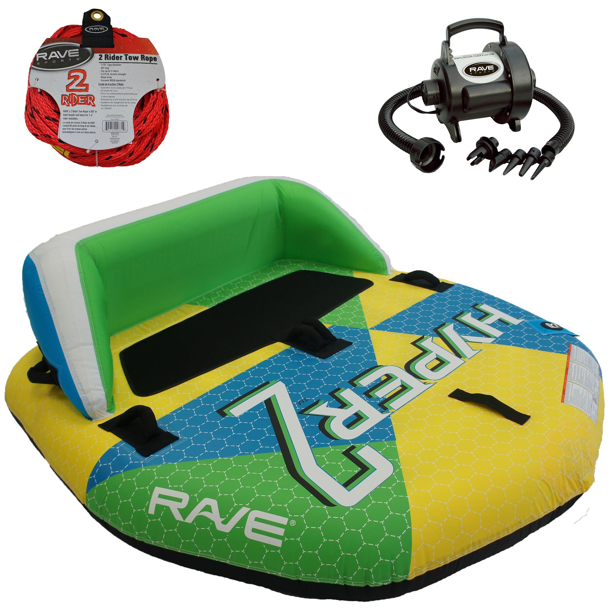 RAVE Sports - Hyper 2 Towable, 1-Section 2-Rider Tow Rope, & High Speed Inflator/Deflator