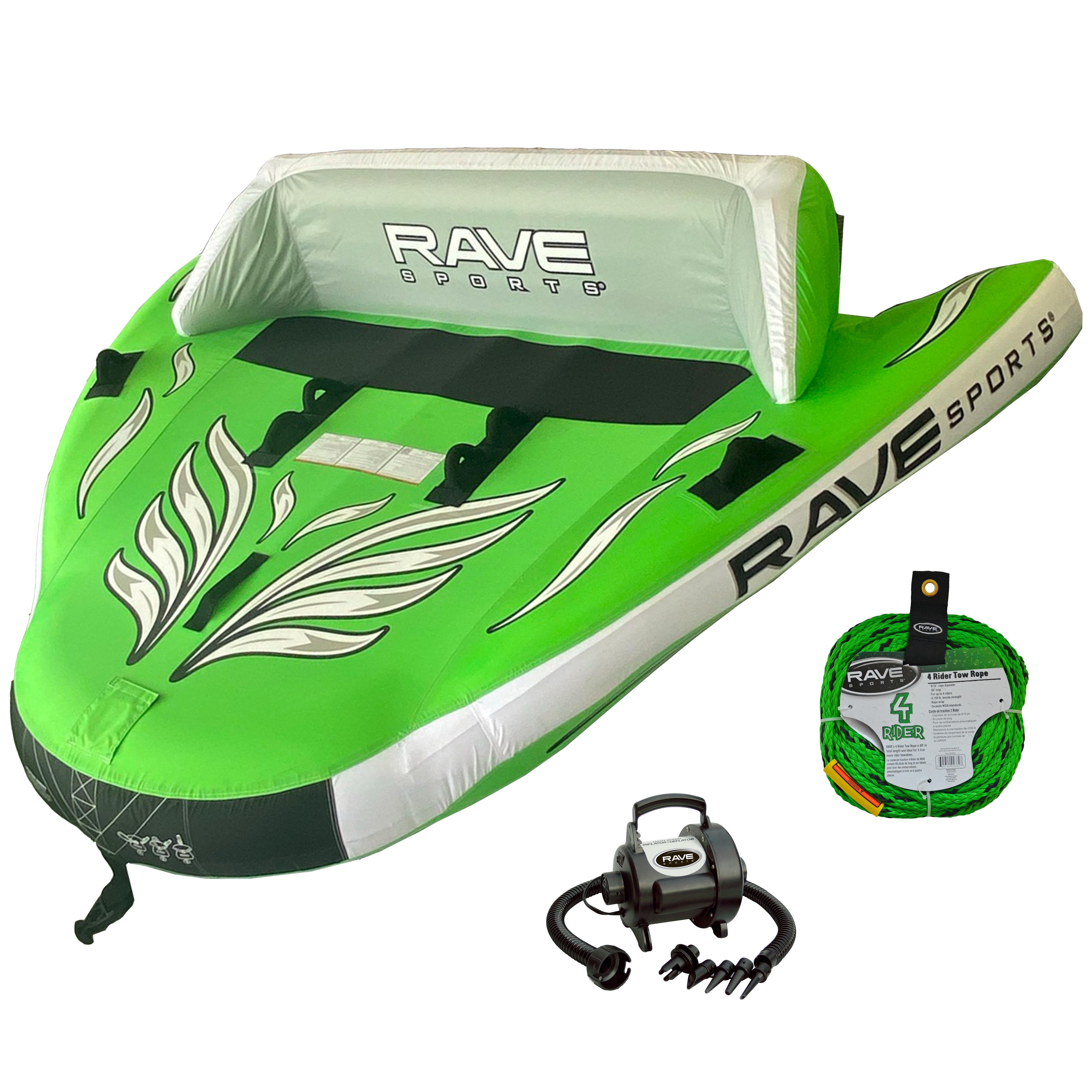 RAVE Sports - Wake Hawk Towable, 1-Section 4-Rider Tow Rope, & High Speed Inflator/Deflator