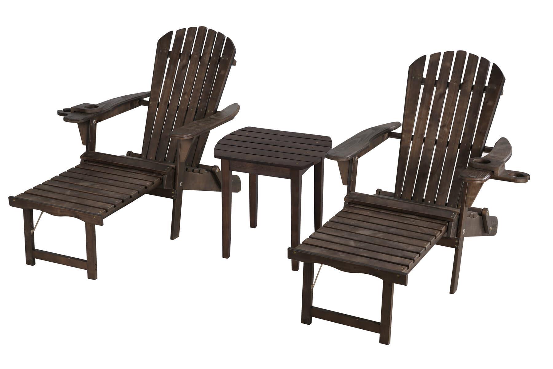 Oceanic Adirondack Chaise Lounge W/Ottoman & Beverage Holder, Set Of 2 & End Table - Dark Brown