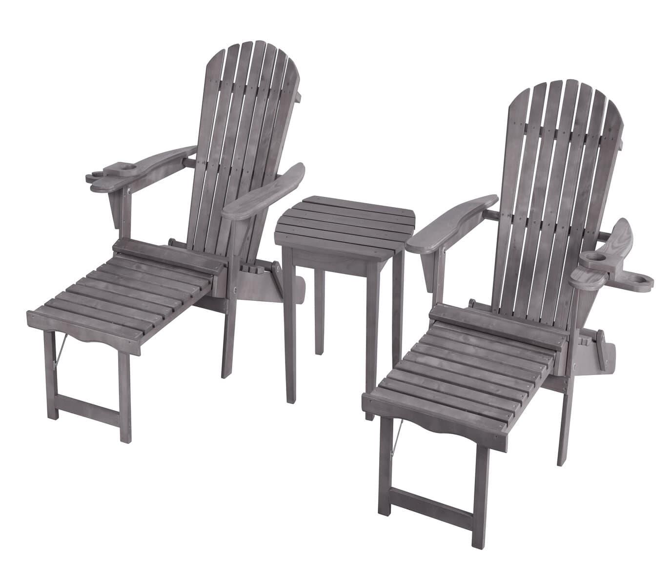 Oceanic Adirondack Chaise Lounge W/Ottoman & Beverage Holder, Set Of 2 & End Table - Dark Gray