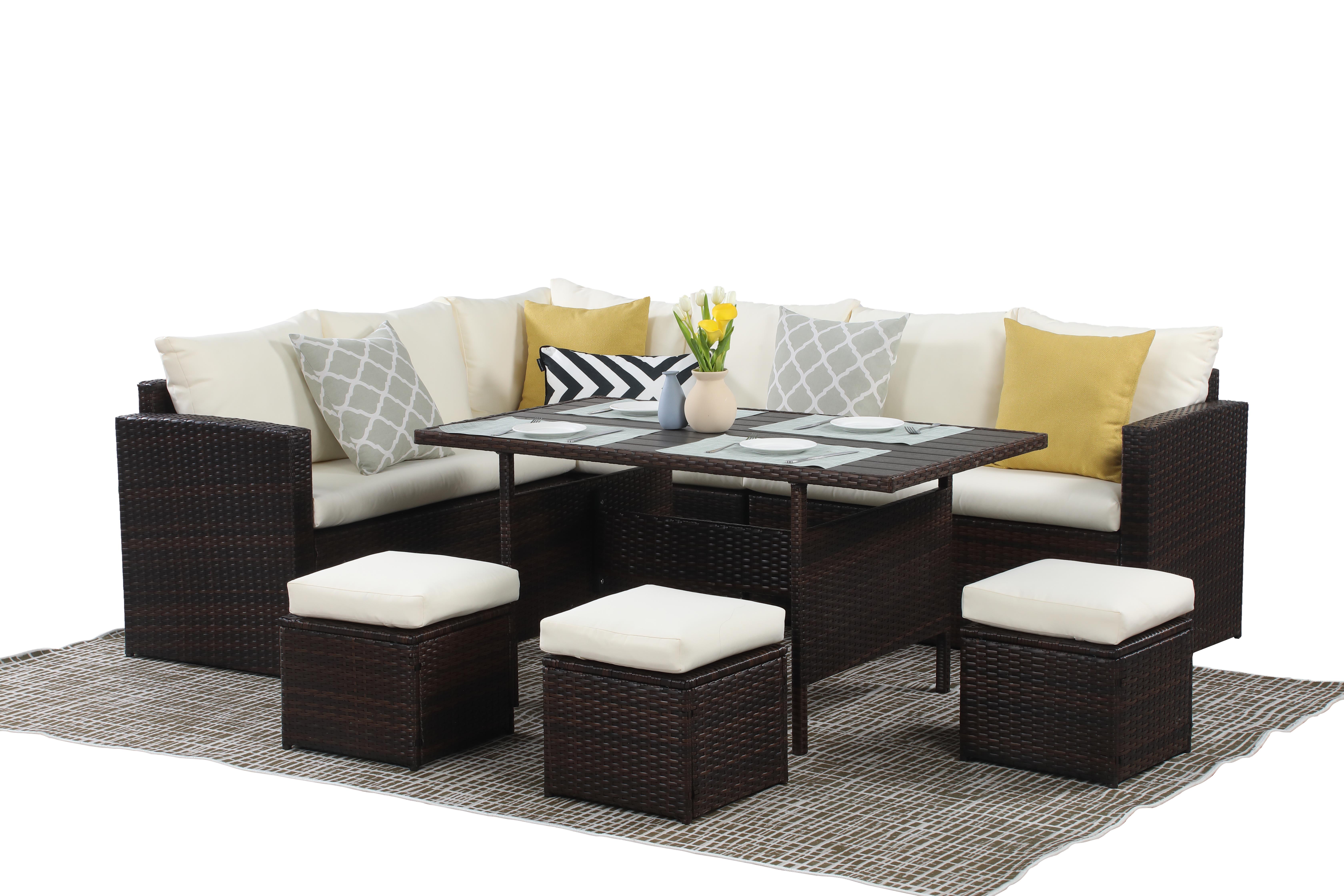 IF Collection - 7-Piece Wicker Patio Dining Sectional Sofa Set - Brown