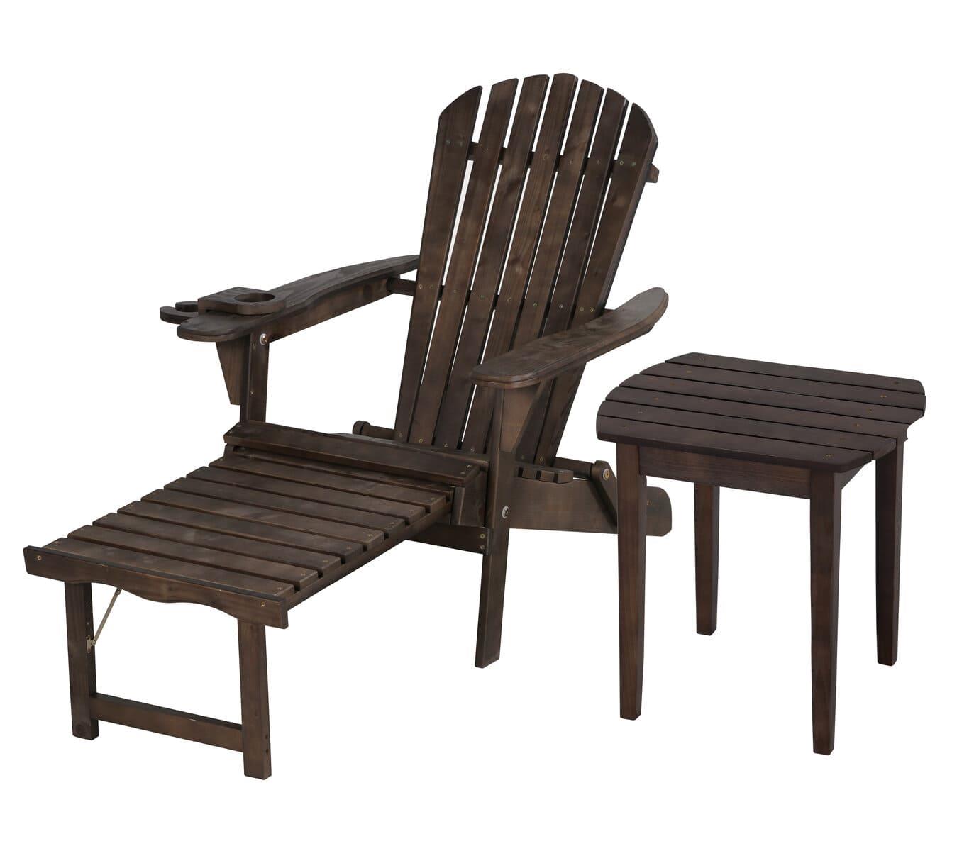 Oceanic Adirondack Chaise Lounge W/Ottoman & Beverage Holder & End Table - Dark Brown
