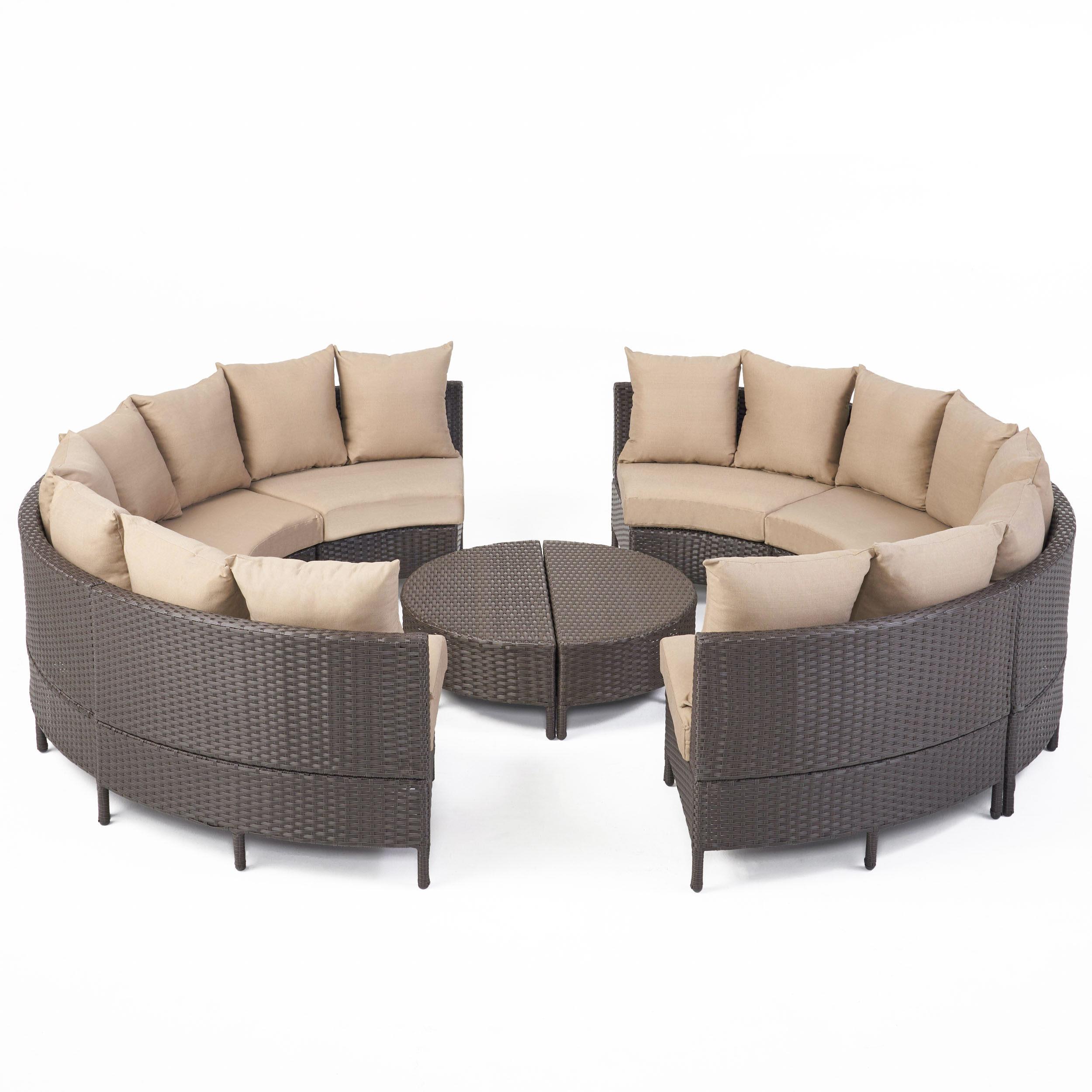 Outdoor 8-Seater Round Wicker Sectional Sofa Set W/Coffee Tables - Brown