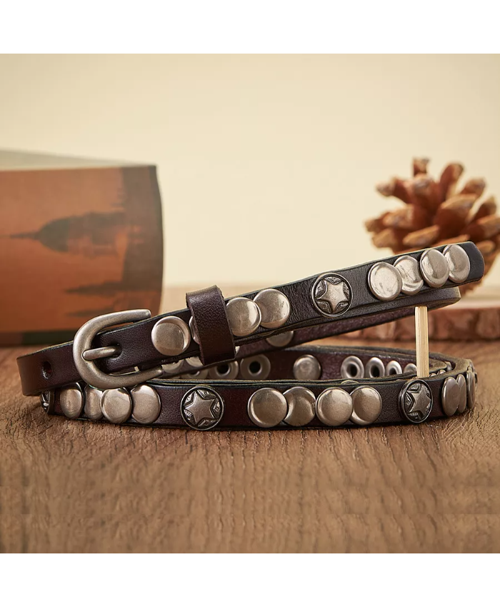 Women’s Genuine Leather Thin Belt with Rivet Detail