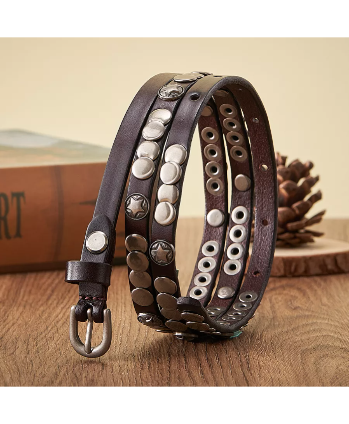 Women’s Genuine Leather Thin Belt with Rivet Detail