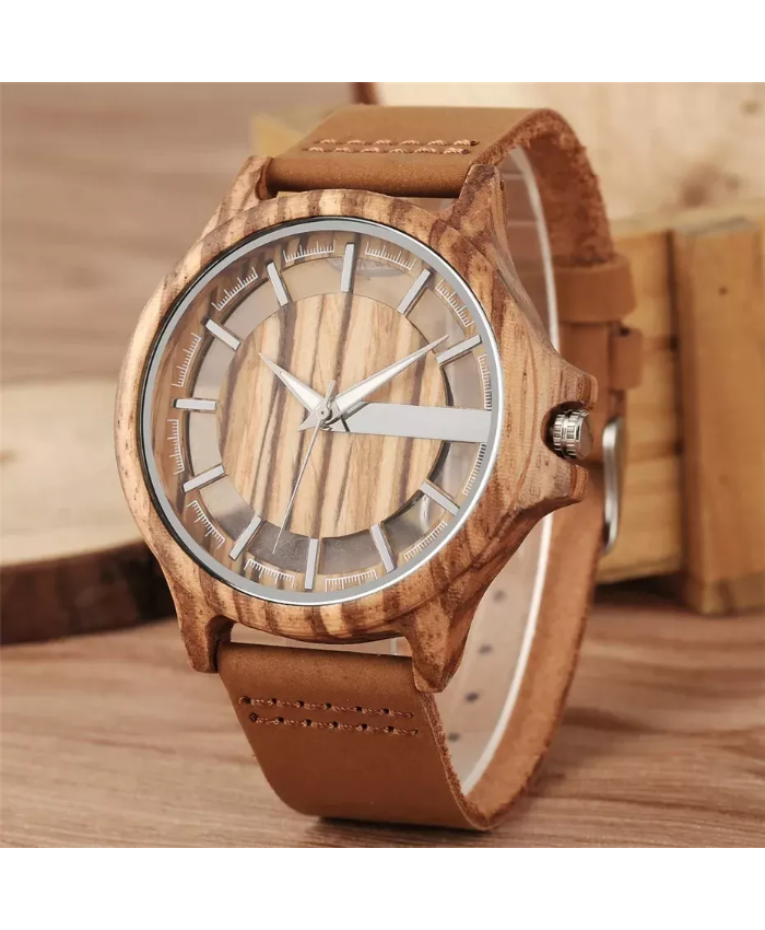 Men’s Transparent Hollow Dial Wood Watch with Genuine Leather Band