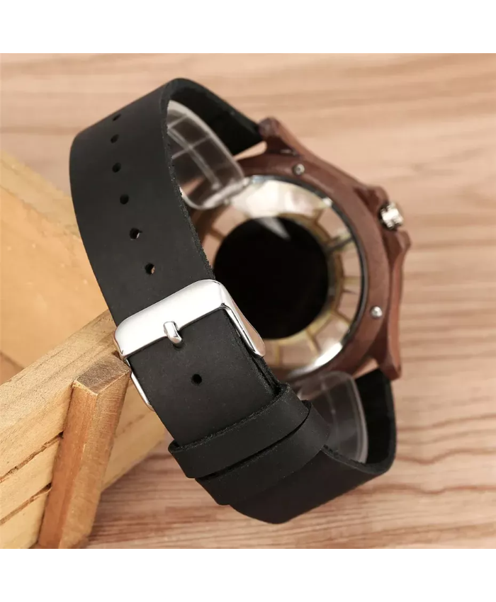 Men’s Transparent Hollow Dial Wood Watch with Genuine Leather Band
