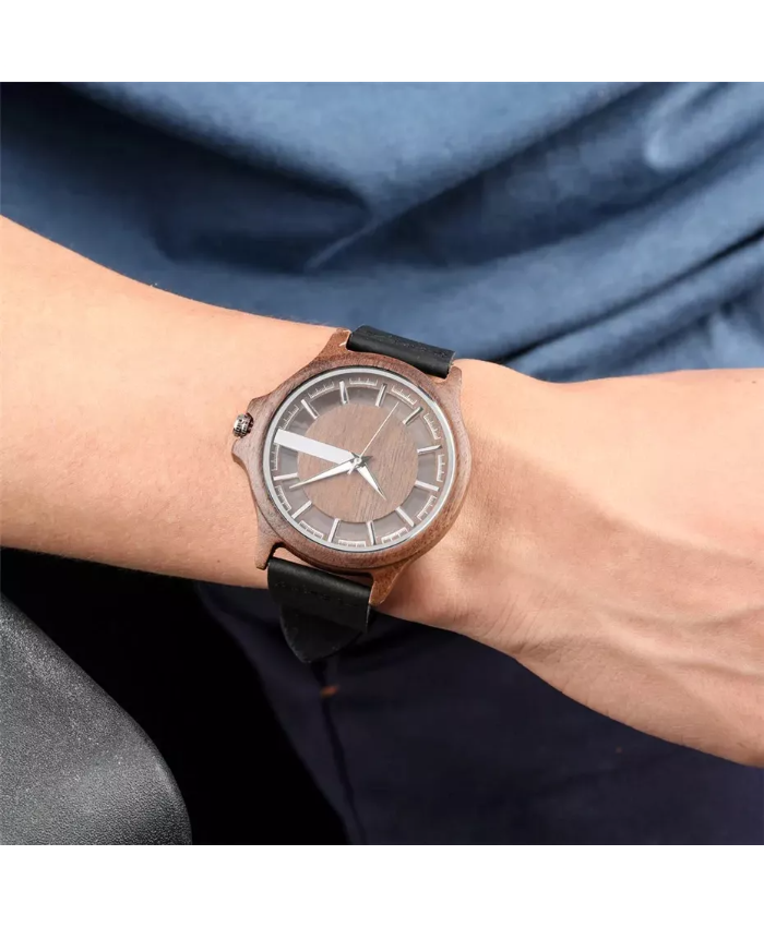 Men’s Transparent Hollow Dial Wood Watch With Genuine Leather Band