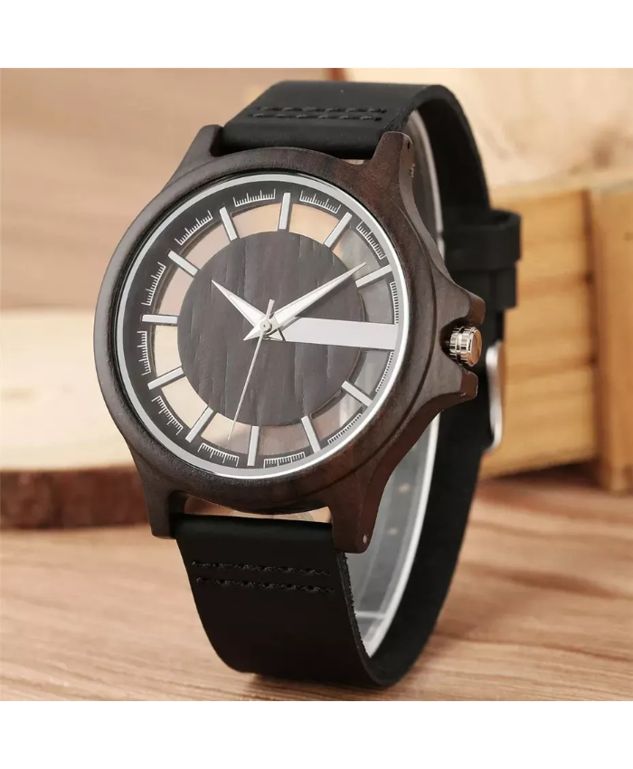 Men’s Transparent Hollow Dial Wood Watch with Genuine Leather Band