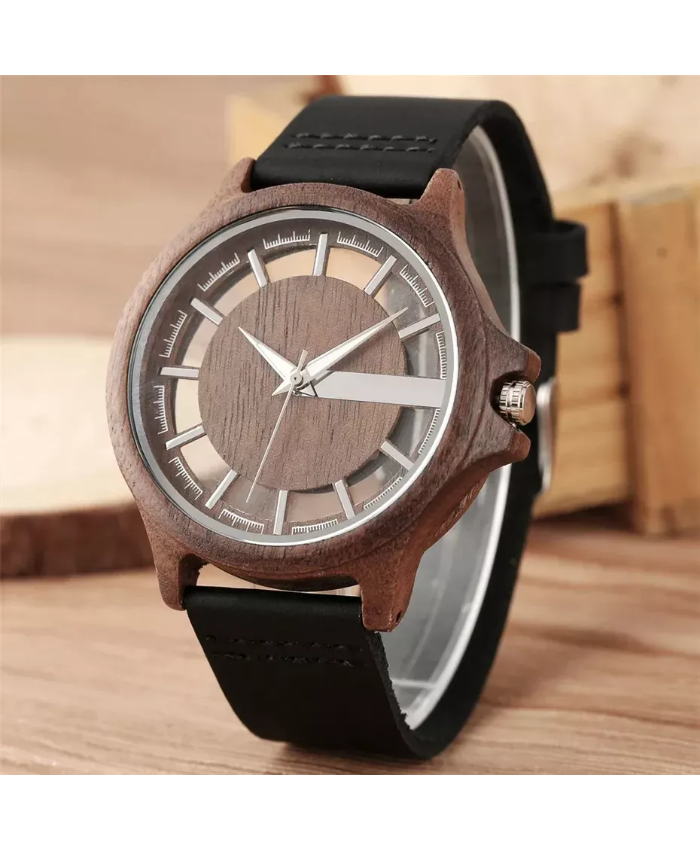 Men’s Transparent Hollow Dial Wood Watch With Genuine Leather Band