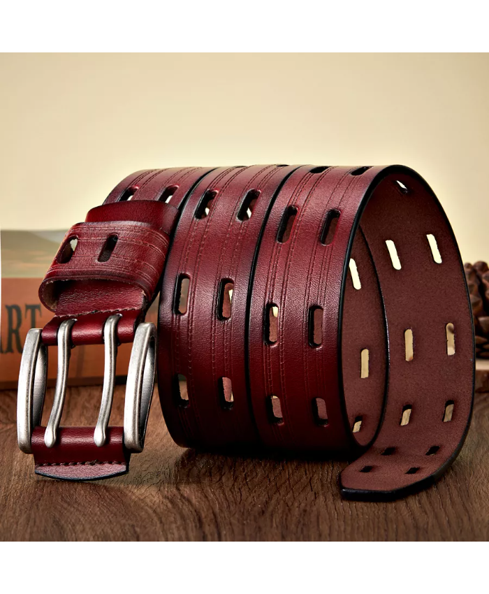 High-Quality Genuine Leather Belt for Men – Vintage Double Pin Buckle