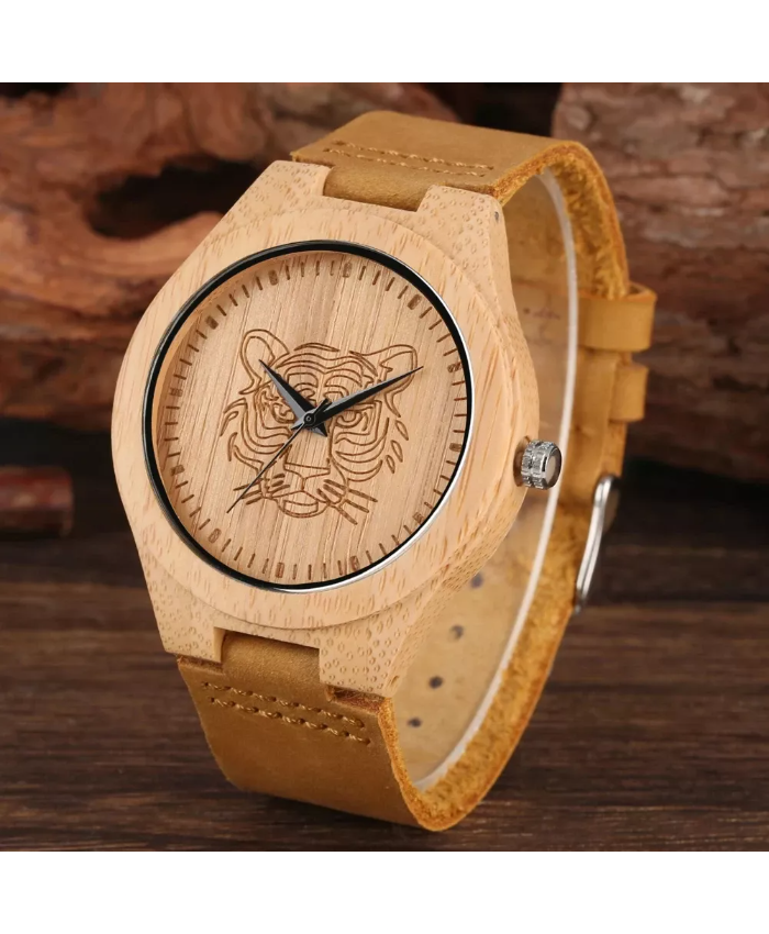 Natural Bamboo Quartz Watch With Engraved Tiger/Elk Dial & Brown Leather Strap