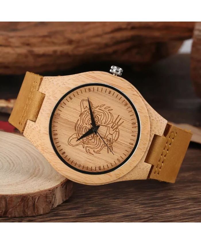Natural Bamboo Quartz Watch with Engraved Tiger/Elk Dial & Brown Leather Strap