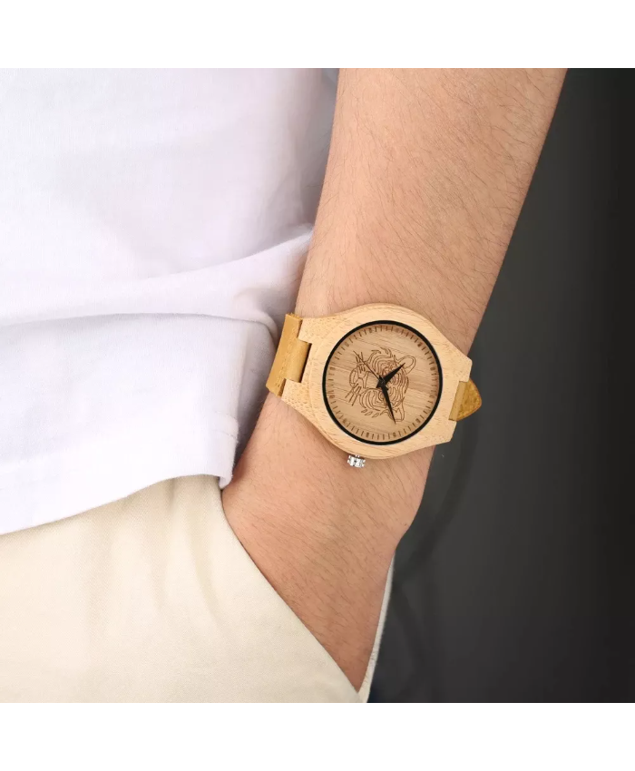 Natural Bamboo Quartz Watch with Engraved Tiger/Elk Dial & Brown Leather Strap