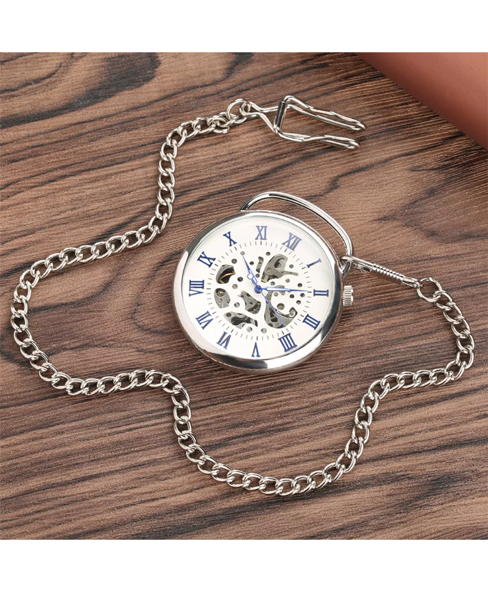 Antique Silver Skeleton Pocket Watch With Blue Roman Numerals