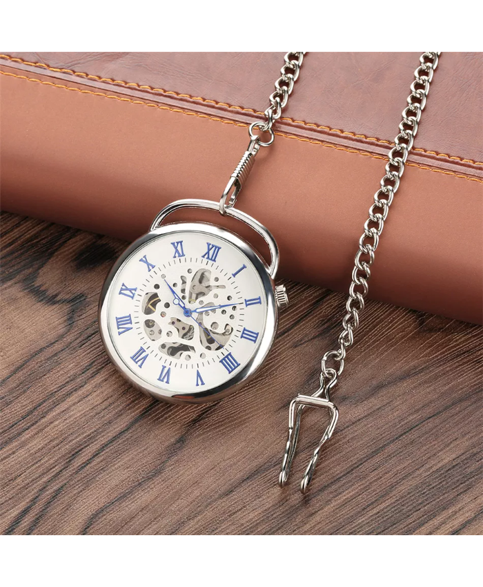 Antique Silver Skeleton Pocket Watch with Blue Roman Numerals