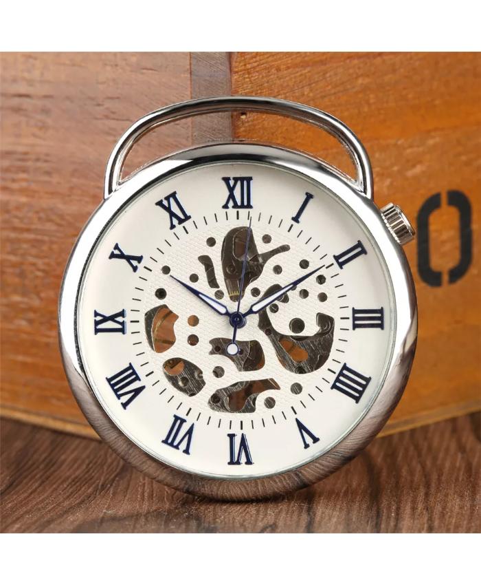 Antique Silver Skeleton Pocket Watch with Blue Roman Numerals