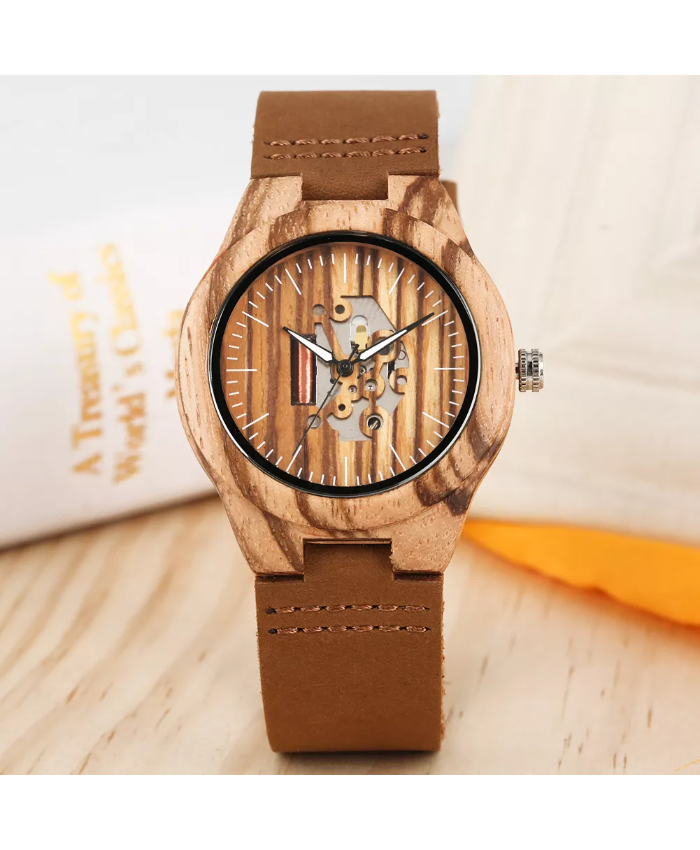 Irregular Hollow Dial Zebra Wood Women’s Quartz Wristwatch
