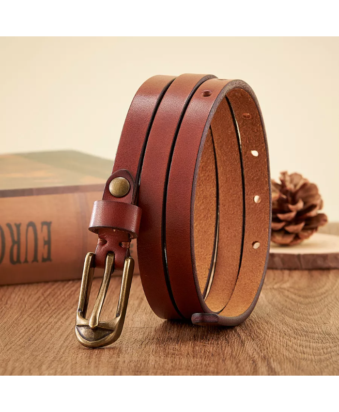 1.5CM Thin Genuine Leather Belt for Women – Stylish Copper Pin Buckle
