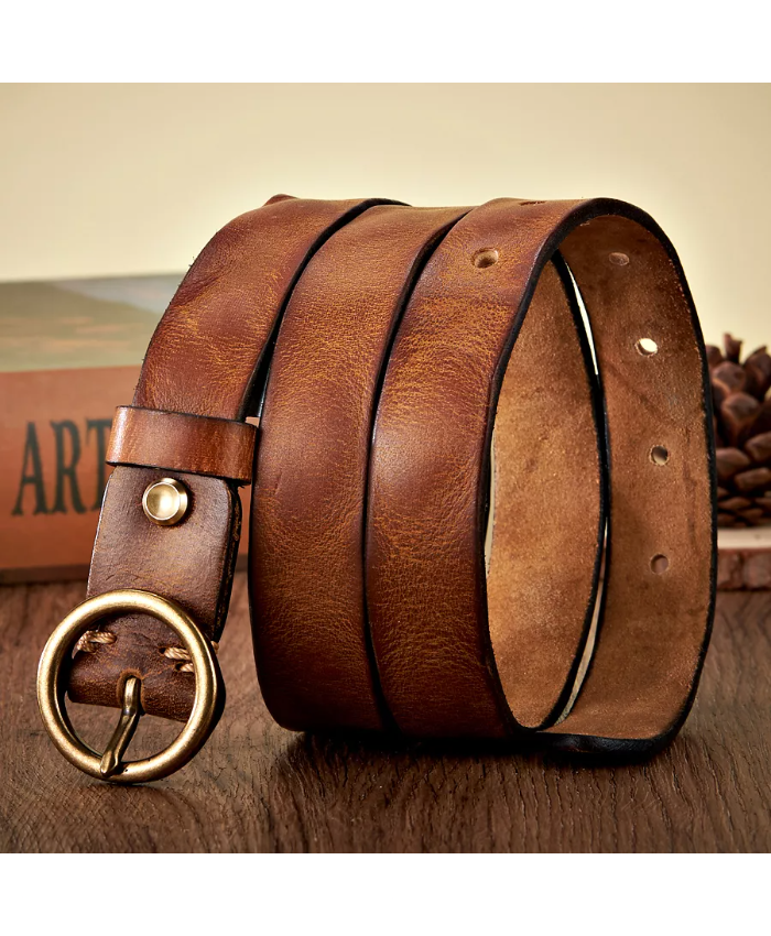 Luxury 2.5CM Genuine Leather Belt For Women – Copper Round Buckle