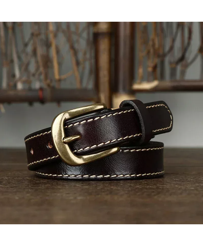 Women’s Genuine Leather Thin Belt with Copper Buckle – 0.95 Inch Wide