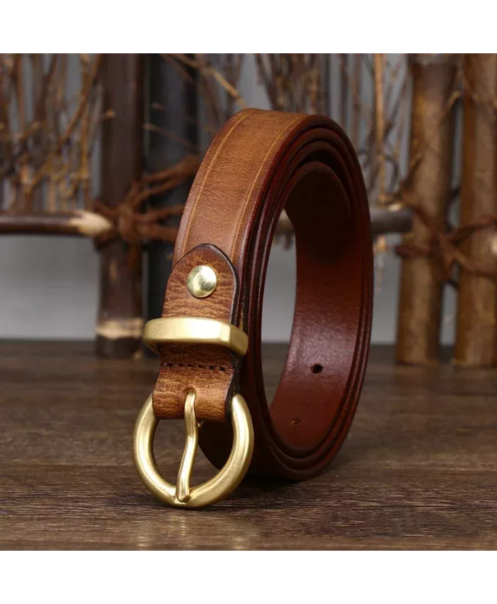 2.4CM Cowhide Leather Belt with Copper Buckle for Women