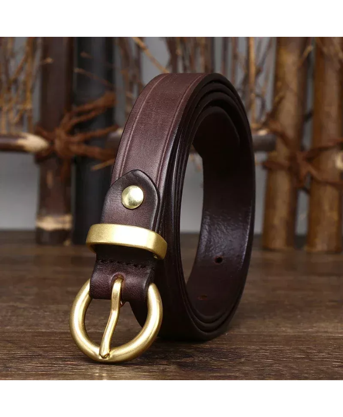 2.4CM Cowhide Leather Belt with Copper Buckle for Women