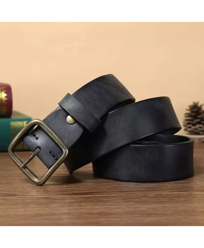 Luxury Genuine Leather Belt for Men – Soft Casual Black Belt with Copper Buckle