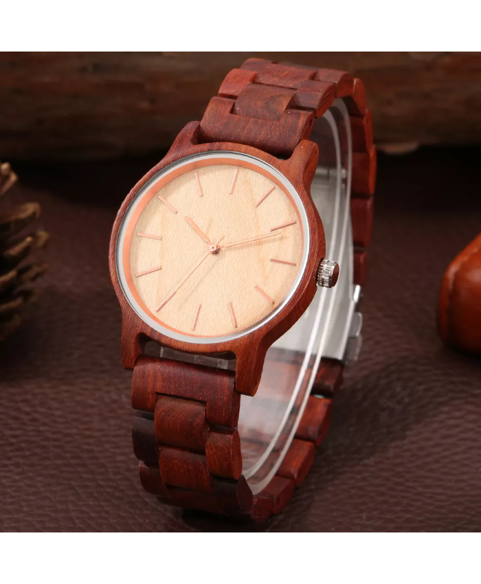Elegant Full Wood Quartz Men’s Wristwatch with Rose Gold Accents