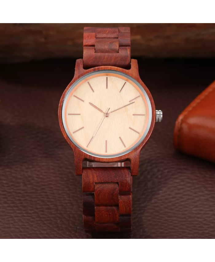 Elegant Full Wood Quartz Men’s Wristwatch with Rose Gold Accents