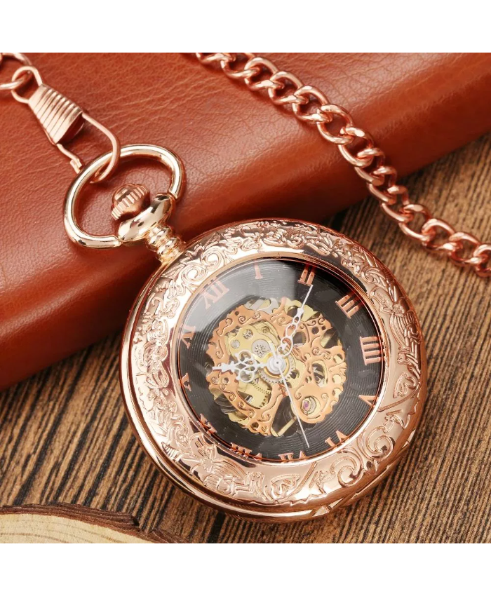 Rose Gold Mechanical Pocket Watch with Roman Numerals and Chain