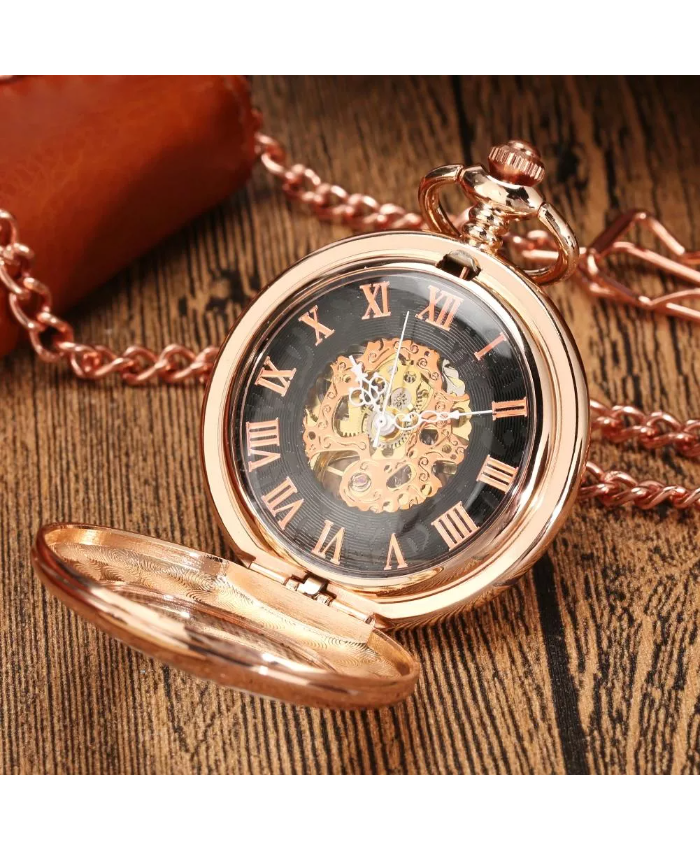 Rose Gold Mechanical Pocket Watch with Roman Numerals and Chain