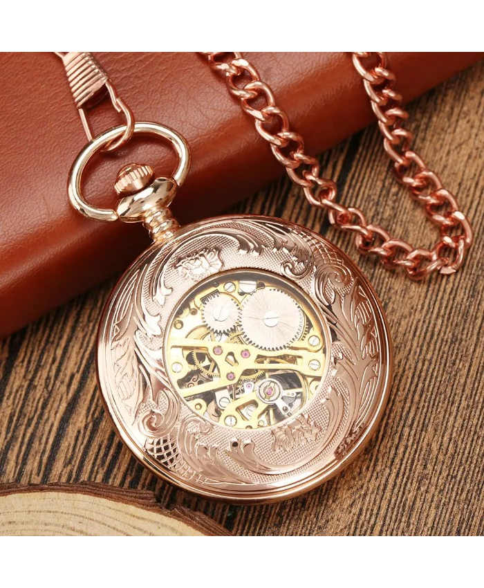 Rose Gold Mechanical Pocket Watch with Roman Numerals and Chain