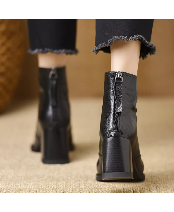 Vintage Square Toe Ankle Boots for Women with Thick Heel and Back Zipper